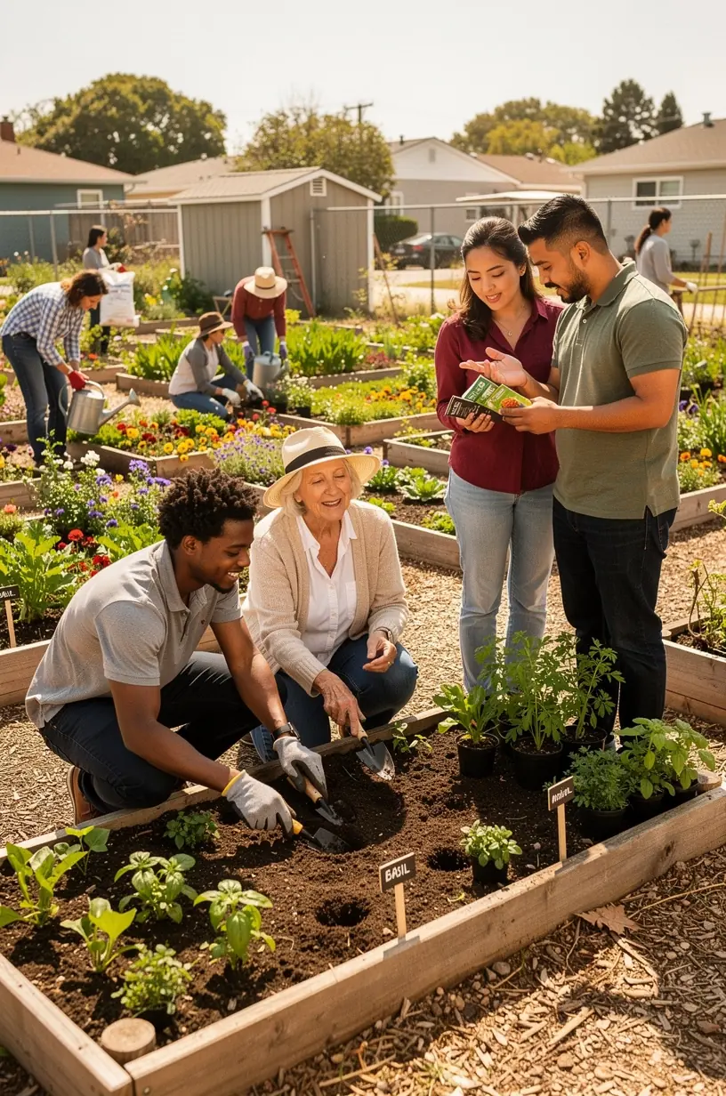 Community garden with diverse participants cultivating plants